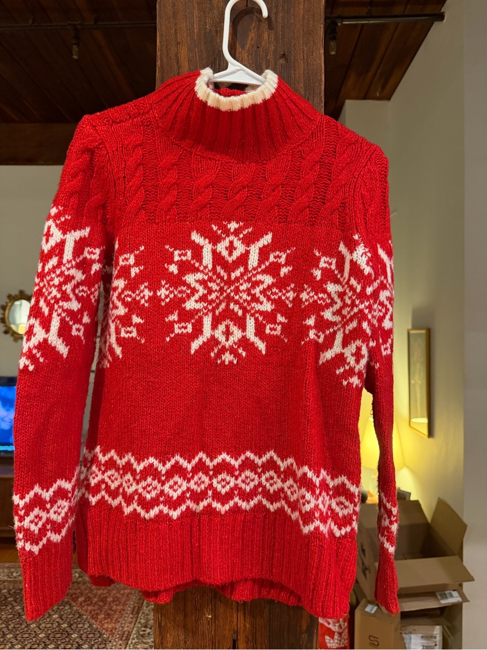 Talbots wool blend Red and White Snowflake Cable-Knit Turtleneck Sweater